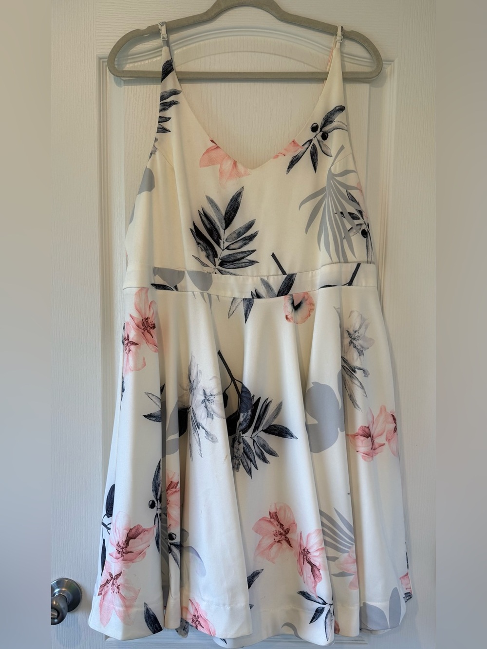 T2love White Midi Dress with Pink Floral and Gray Leaf Print